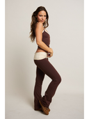 Brown flared pants with a white waistband on a white background

