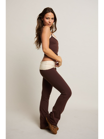 Brown flared pants with a white waistband on a white background